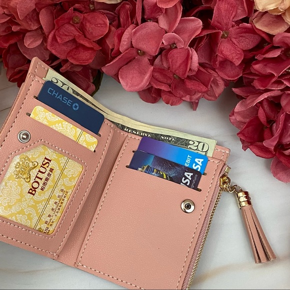 Vegan Leather Two Tone Pink Cat Wallet with Tassel - Picture 9 of 14